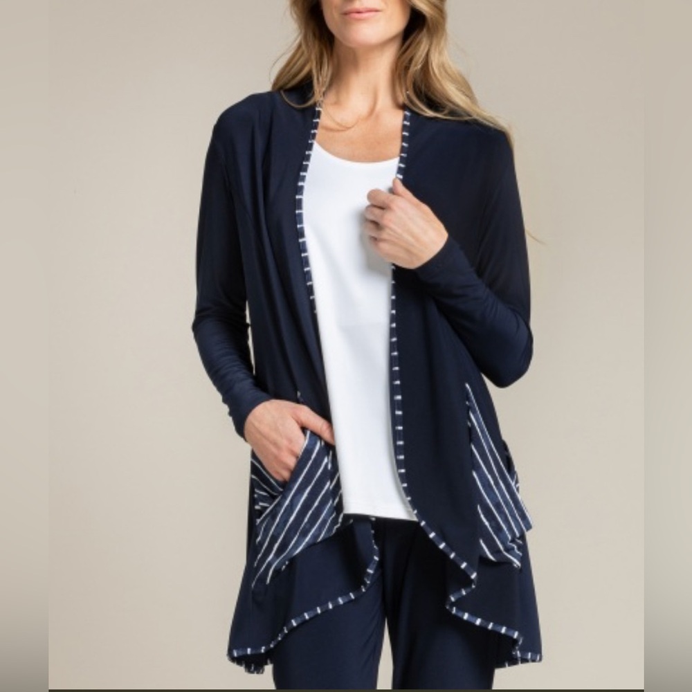 SYMPLI Outline Cardi Painted Lines Open Front Cardigan Duster Navy White Size 8